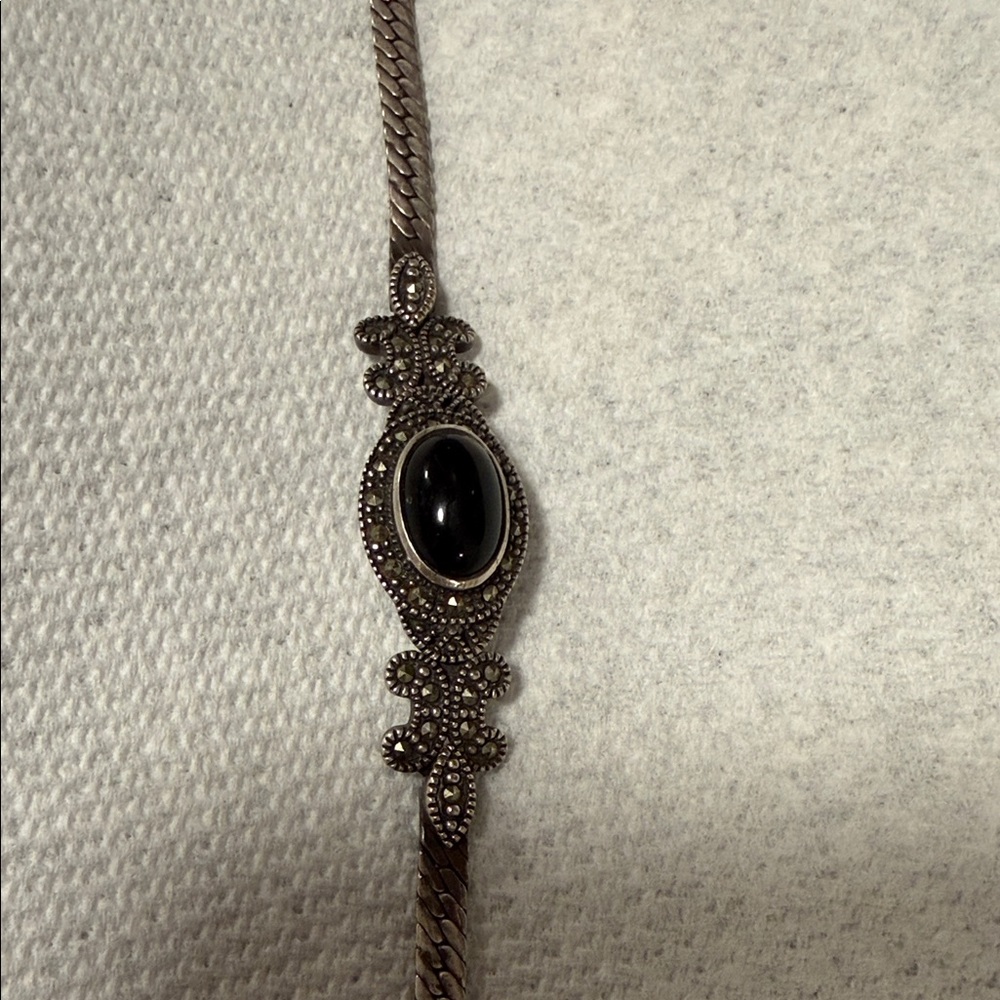 Sterling Silver Style Black Stone Marcasite Bracelet